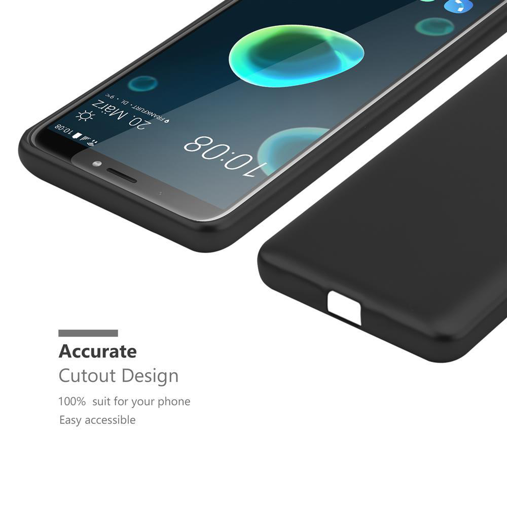 Schwarze Handyhülle neben einem Telefon mit Uhrzeit und Datum. Text: 'Accurate Cutout Design'.