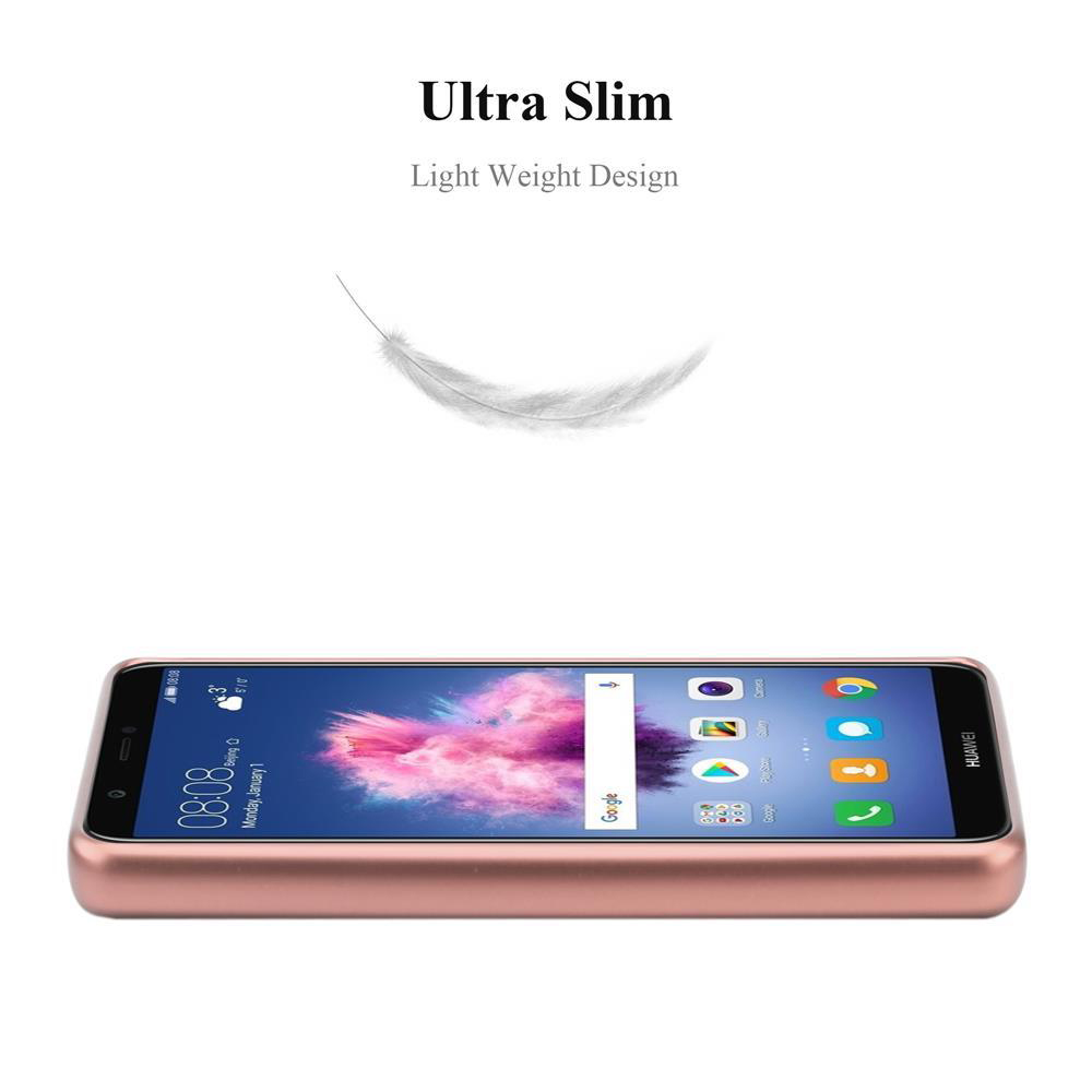 Ein roségoldenes Telefon mit Hülle. Text: 'Ultra Slim' und 'Light Weight Design'. Eine Federgrafik wird gezeigt.