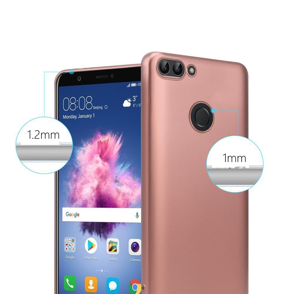 Telefon und Hülle. Der Telefonbildschirm zeigt Zeit und Datum an. Die Hülle ist roségoldfarben. Kleine Kreise zeigen Funktionen an.