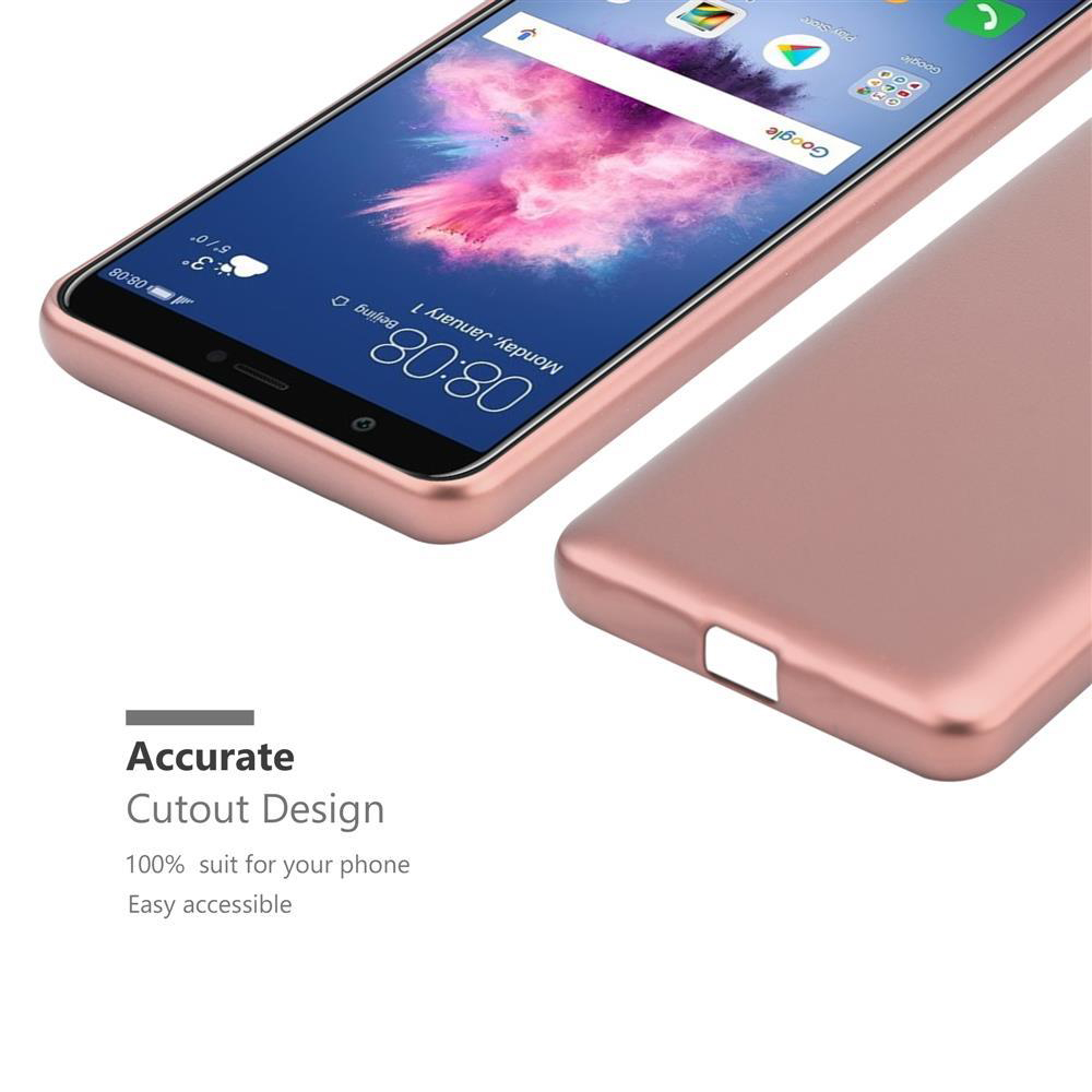Ein roségoldenes Telefon mit Hülle. Das Telefon zeigt Uhrzeit, Datum und Google-App.