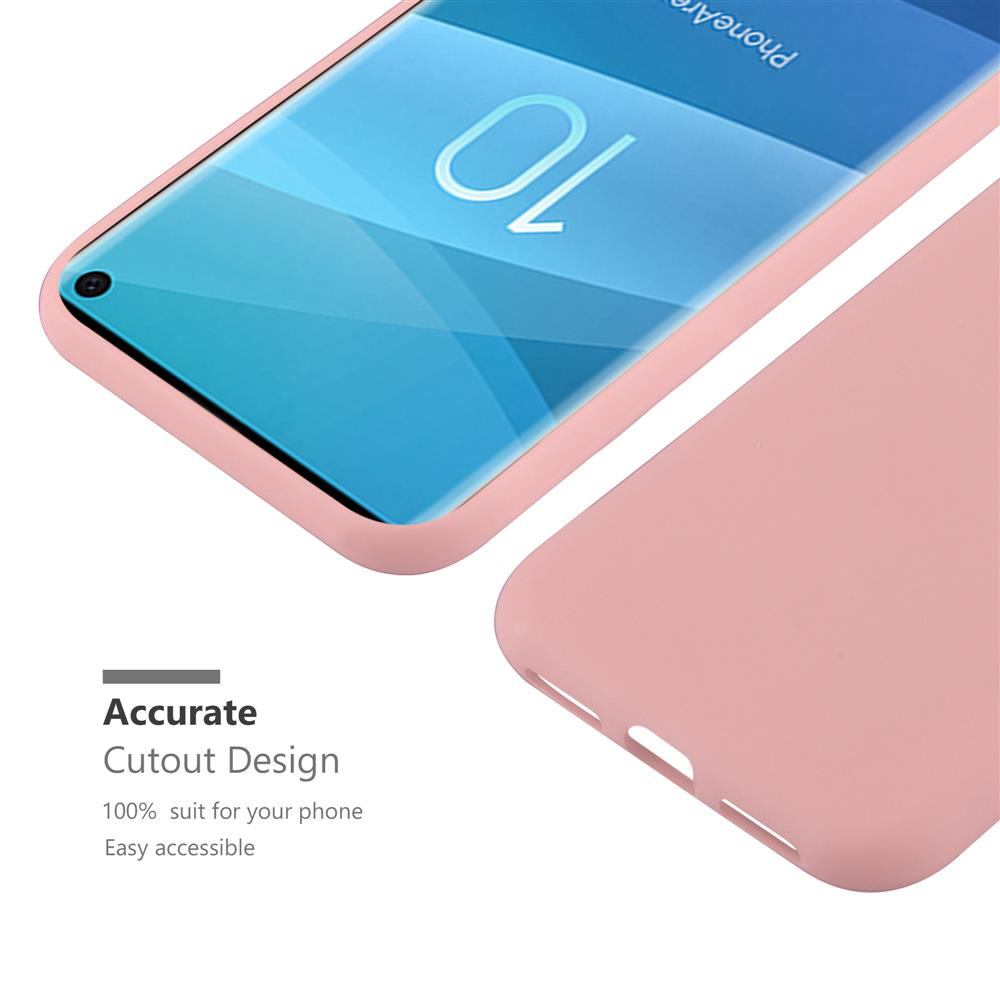Custodia rosa, vista dall'alto, mostra lo schermo del telefono. Il telefono è nella custodia. Testo: Design ritaglio preciso.