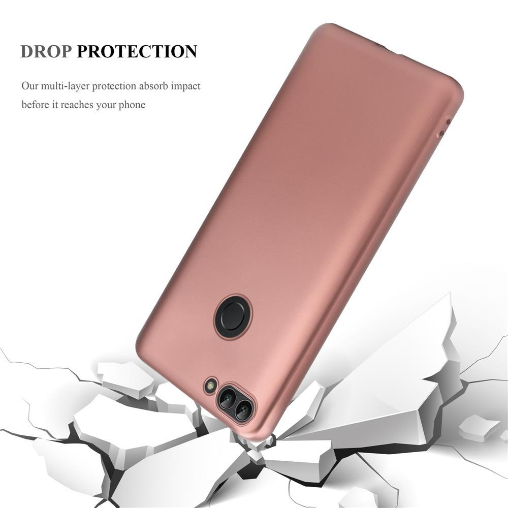 Roségoldene Handyhülle auf weißem Hintergrund mit dem Text „Drop Protection“ und zersplitterten Teilen.
