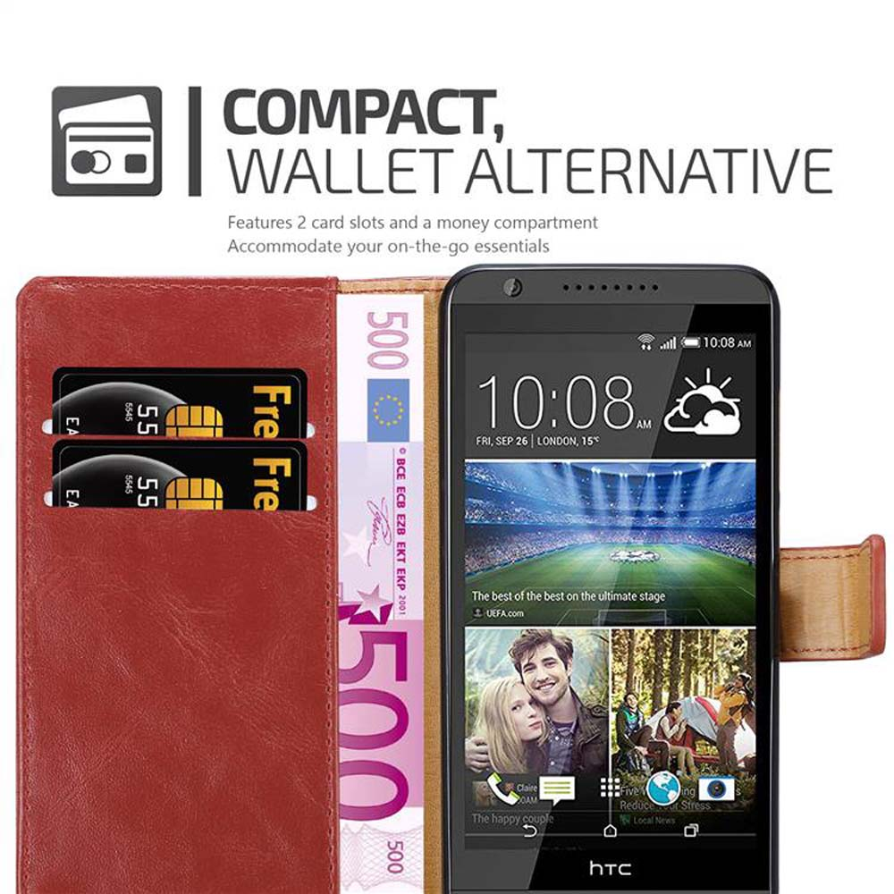 Un telefono in una custodia a portafoglio rossa con carte e denaro visibili. Testo: 'Compatto, Alternativa Portafoglio'.