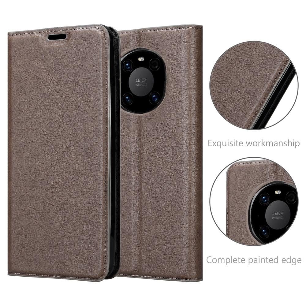 Custodia marrone con telefono all'interno. Testo: 'Exquisite workmanship' e 'Complete painted edge'.