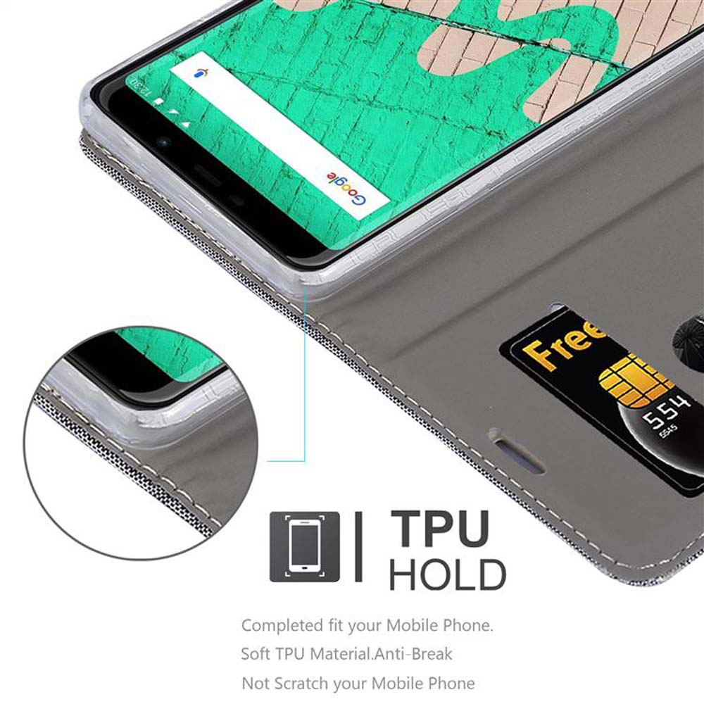 Un telefono all'interno di una custodia grigia. Lo schermo è visibile, con una barra di ricerca di Google. Testi: TPU Hold.