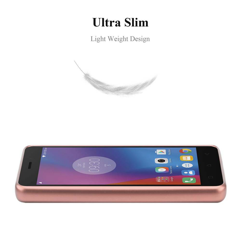 Telefono oro rosa con icone sullo schermo, grafica a piuma sopra. Testo: Ultra Slim.