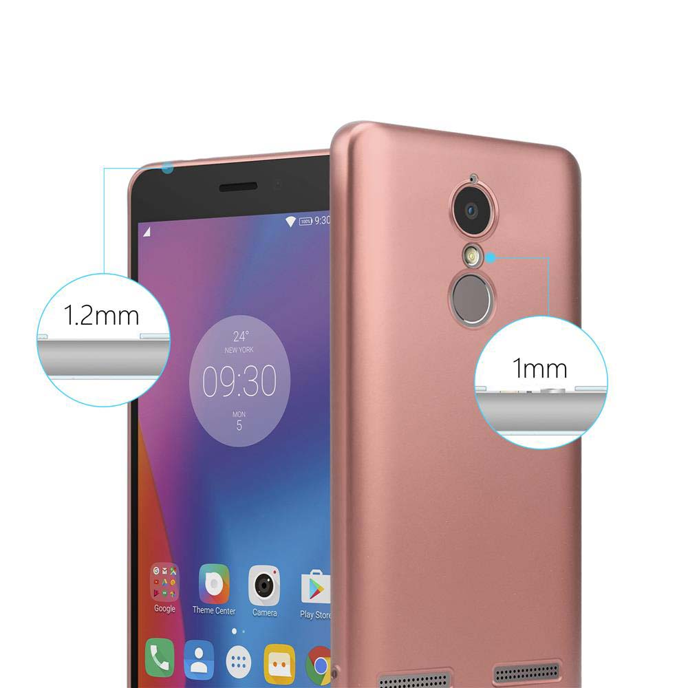 Custodia per telefono color oro rosa. Il telefono mostra l'ora e le icone delle app. Sfondo bianco.