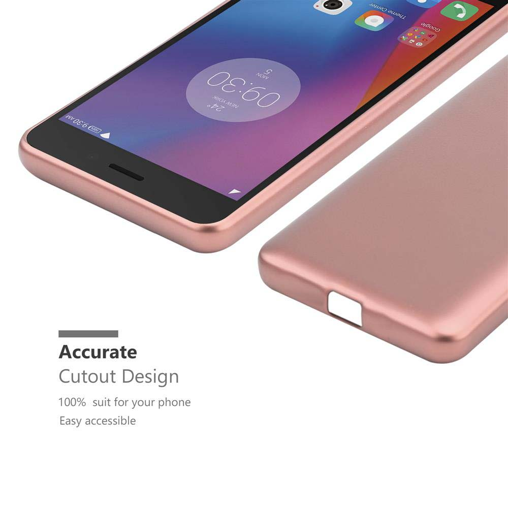 Smartphone oro rosa, leggermente angolato, con schermo che mostra l'ora, custodia visibile.