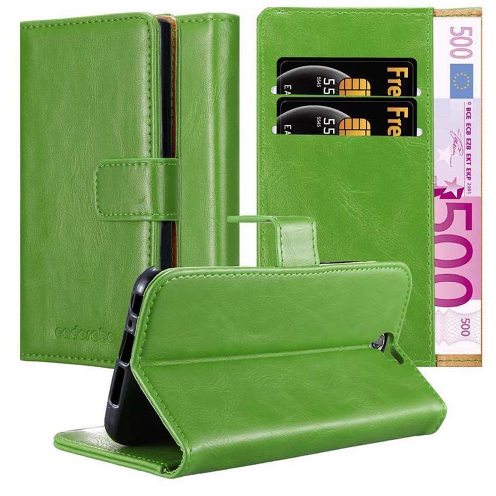 Funda de teléfono de cuero verde, que muestra un teléfono, tarjetas y efectivo. La funda está abierta.