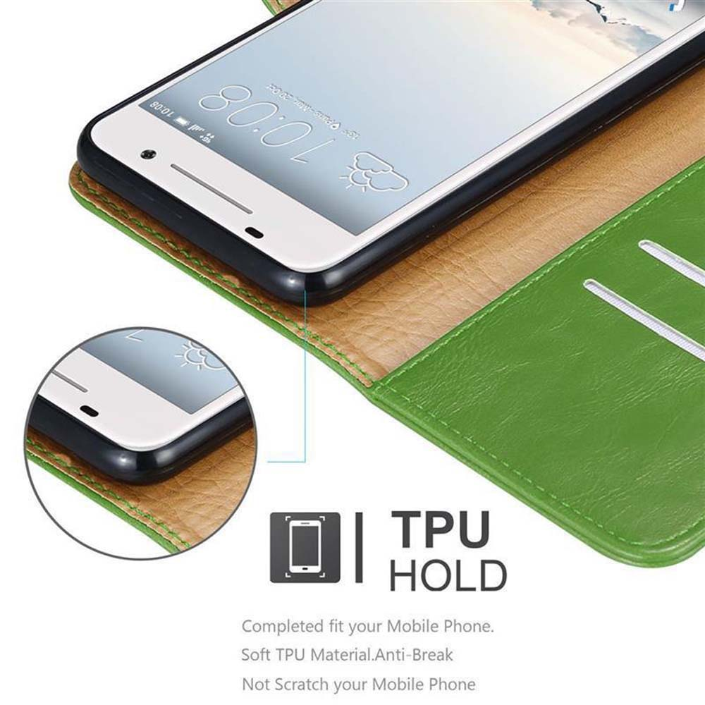 Una funda verde para teléfono con un teléfono dentro. Texto: "TPU HOLD" y descripción abajo.
