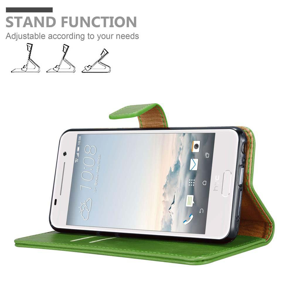Funda de teléfono verde con teléfono dentro. Tiene una función de soporte.