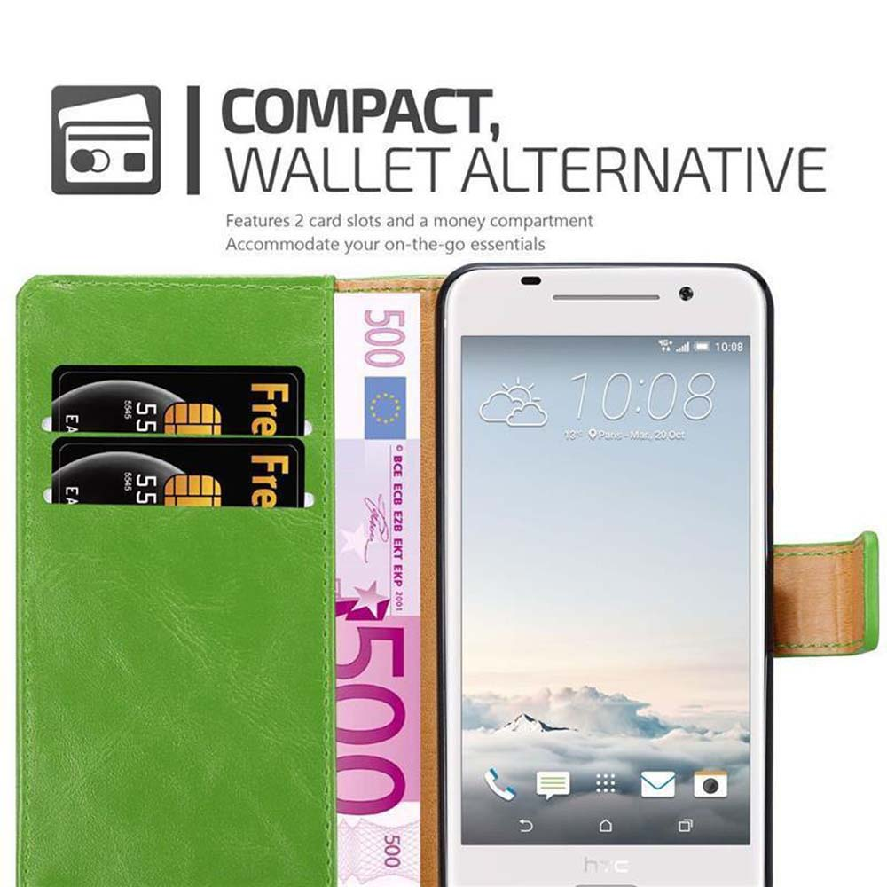 Funda de cartera verde con teléfono, tarjetas y dinero. El texto dice: Alternativa compacta a la cartera.