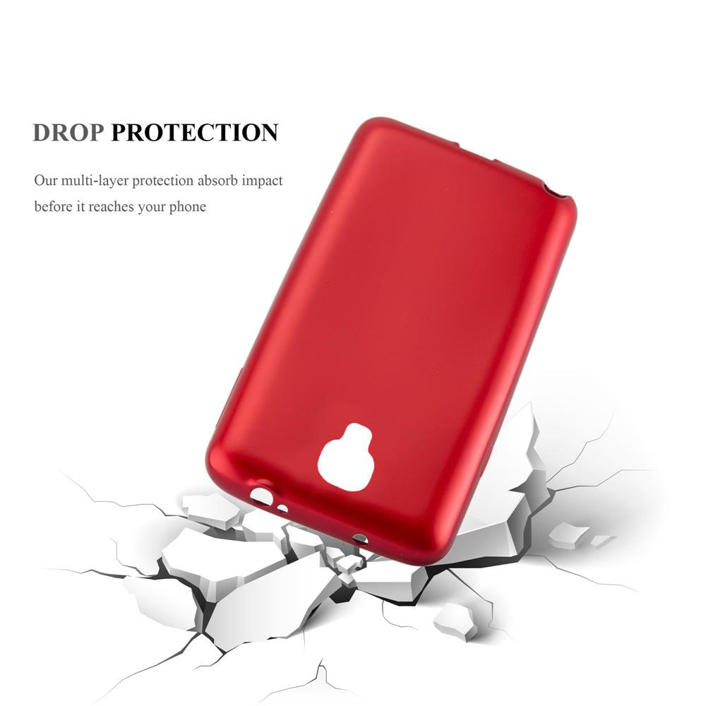 Custodia rossa su superficie rotta. Testo: 'DROP PROTECTION'.