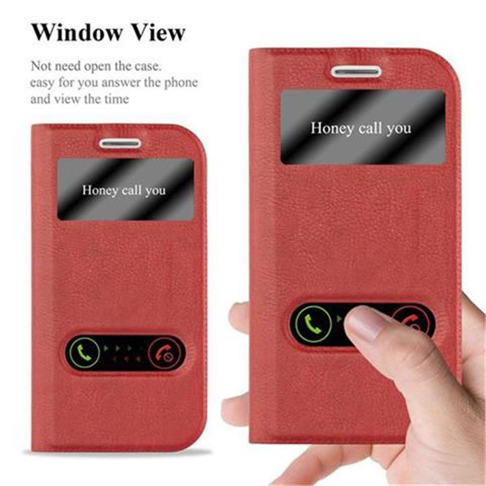 Dos fundas rojas para teléfono. Una cerrada, otra abierta. La abierta muestra una pantalla con texto.