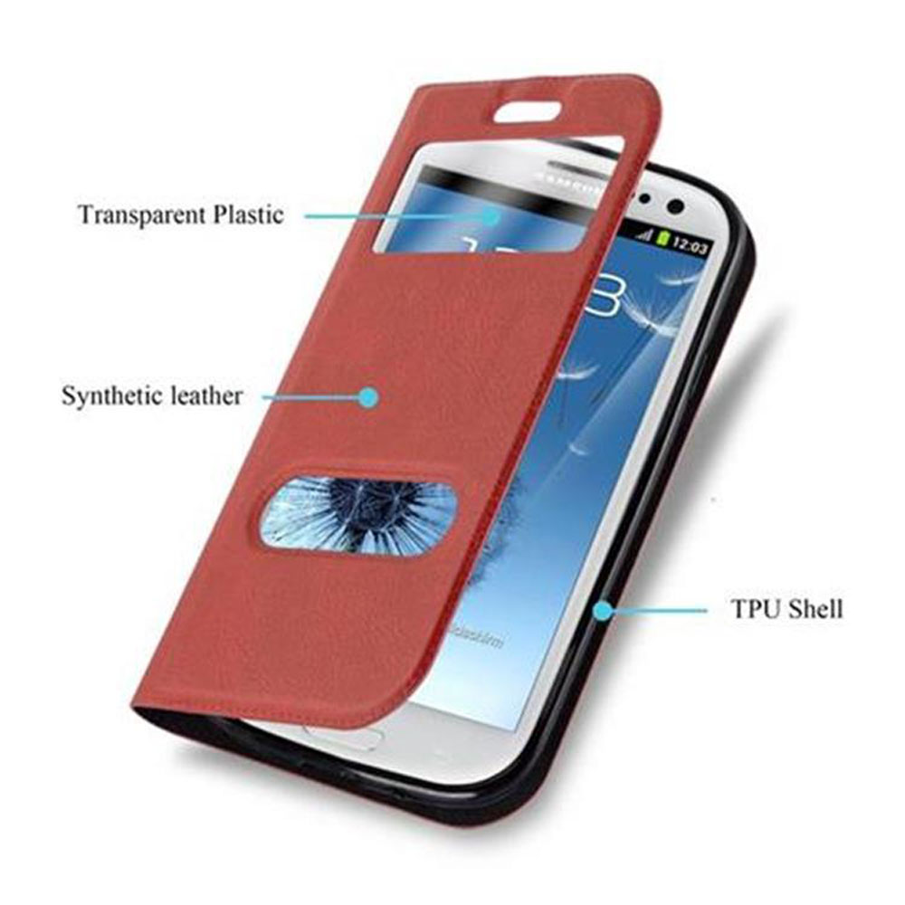 Funda roja con ventana transparente. Teléfono dentro. Funda abierta.