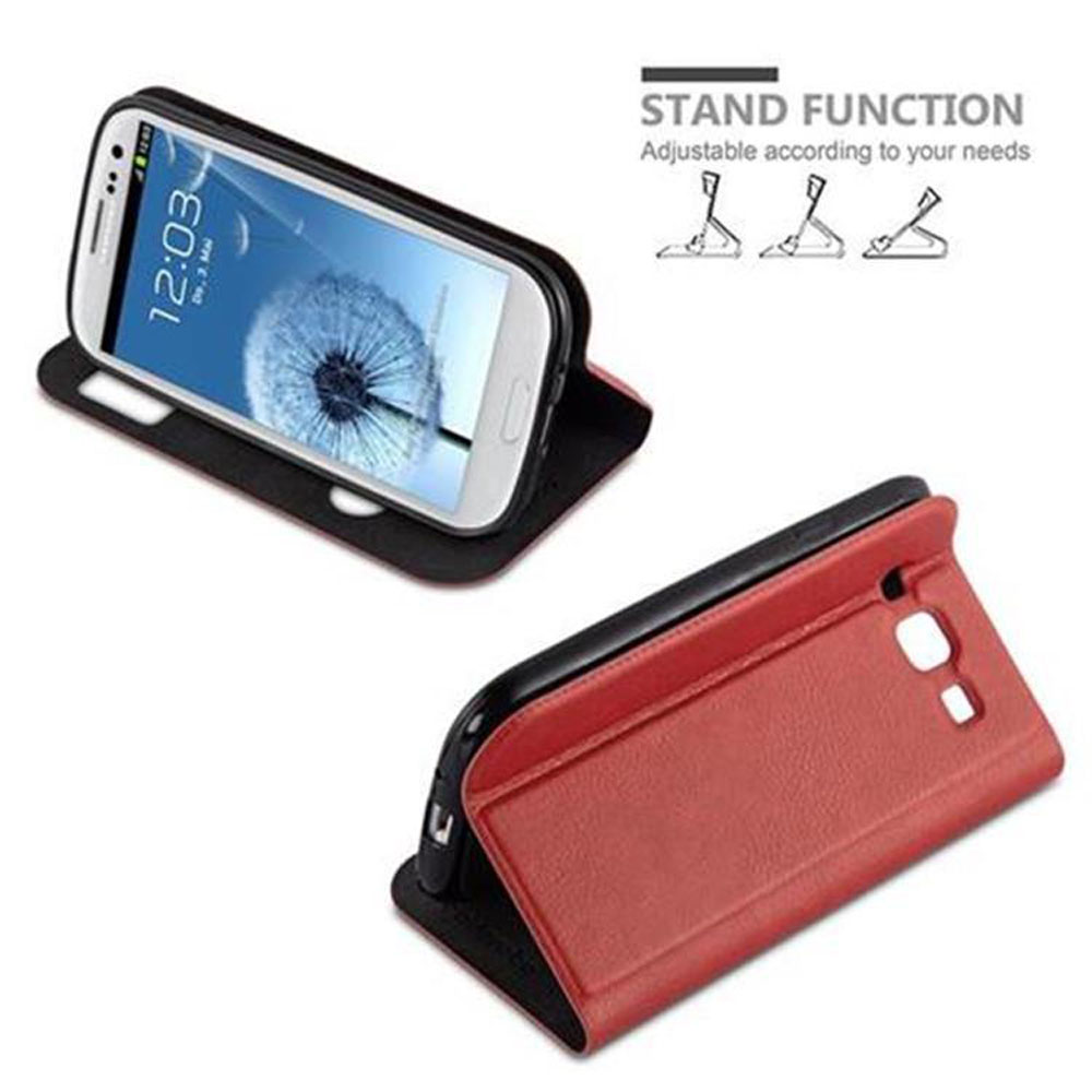 Funda de teléfono en rojo, con un teléfono dentro, en ángulo. Texto: Función de soporte, ajustable.