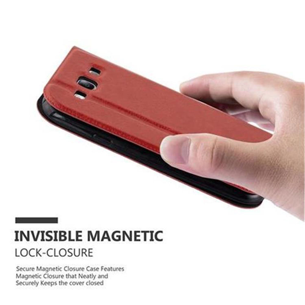 Funda roja para teléfono en mano. Cierre magnético invisible.