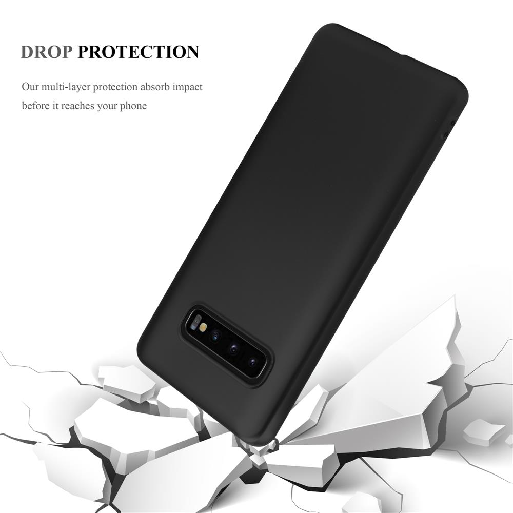 Una custodia per telefono nera su sfondo bianco con effetto frantumazione. Un telefono nero è all'interno della custodia.