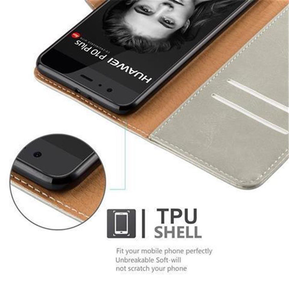 Schwarzes Telefon in einem grauen Gehäuse, mit Huawei P10 Plus auf dem Bildschirm.