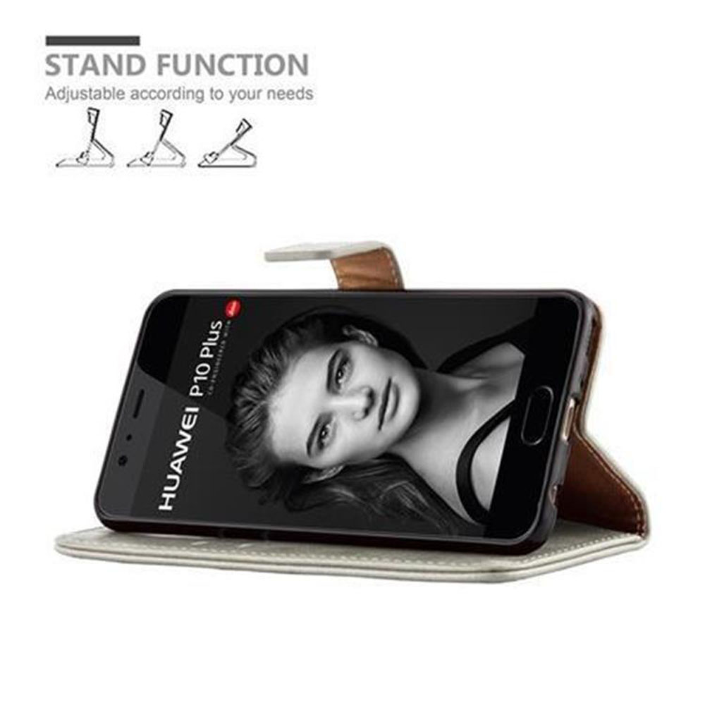 Eine Handyhülle ist hochgestellt und hält ein Telefon, das ein Porträt einer Frau anzeigt. Text: Standfunktion.