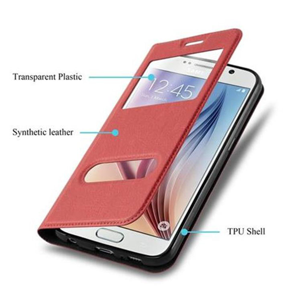 Custodia rossa aperta su un telefono, rivelando lo schermo. Etichette: plastica trasparente, pelle sintetica.