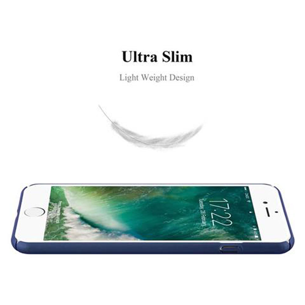 Telefono blu su una superficie piana con una piuma bianca sopra.