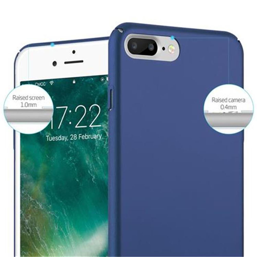 Una custodia blu su un telefono bianco. Schermo e fotocamera rialzati evidenziati.