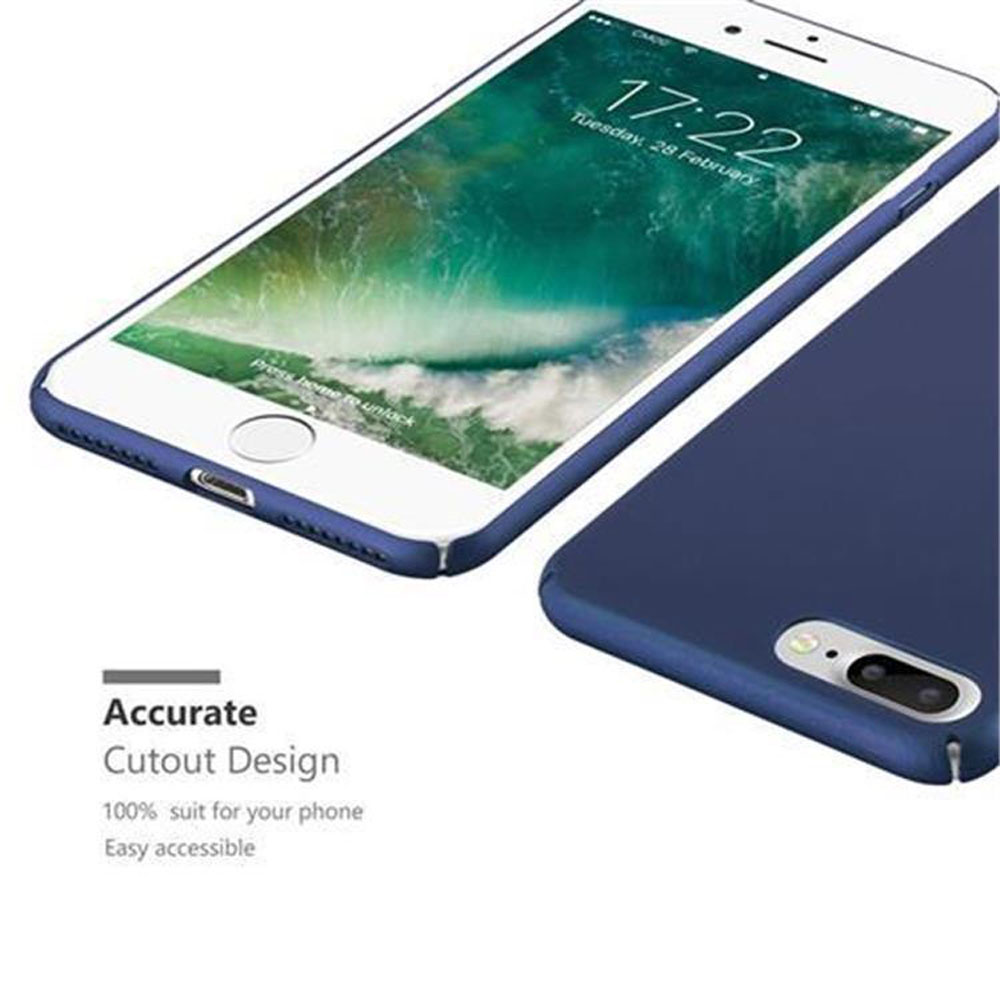Telefono blu con custodia. Testo: Design con ritaglio preciso.
