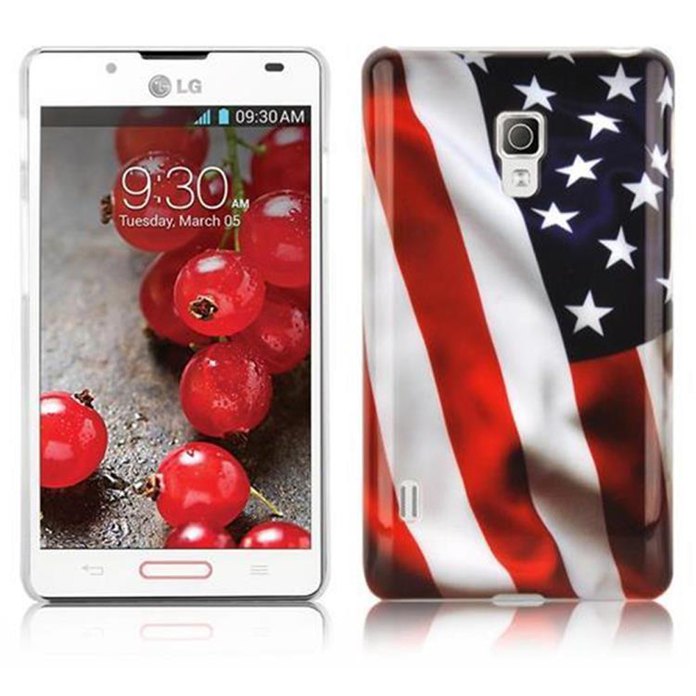 Telefon mit roten Beeren auf dem Bildschirm, neben einer Handyhülle mit US-Flaggen-Design.