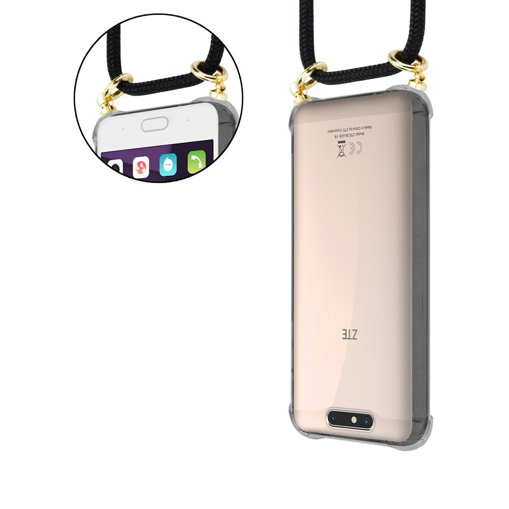 Telefon in klarer Hülle mit schwarzem Umhängeband. Das Telefon zeigt nach oben.