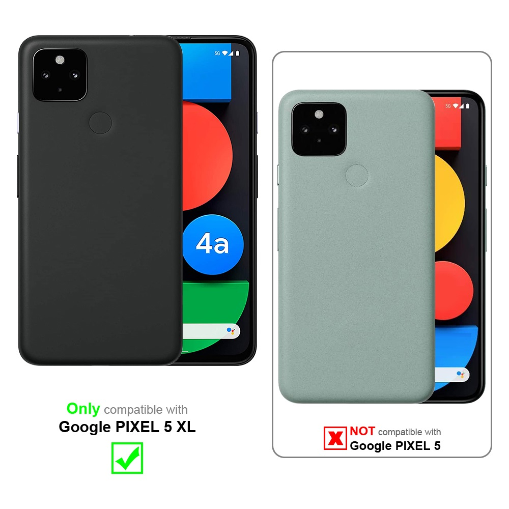 Due telefoni con custodie, uno nero, uno verde, la custodia nera dice 'Solo compatibile con Pixel 5 XL'.