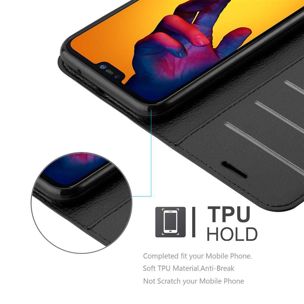 Un primo piano di un telefono in una custodia nera, con un'etichetta che indica la tenuta e il materiale TPU.