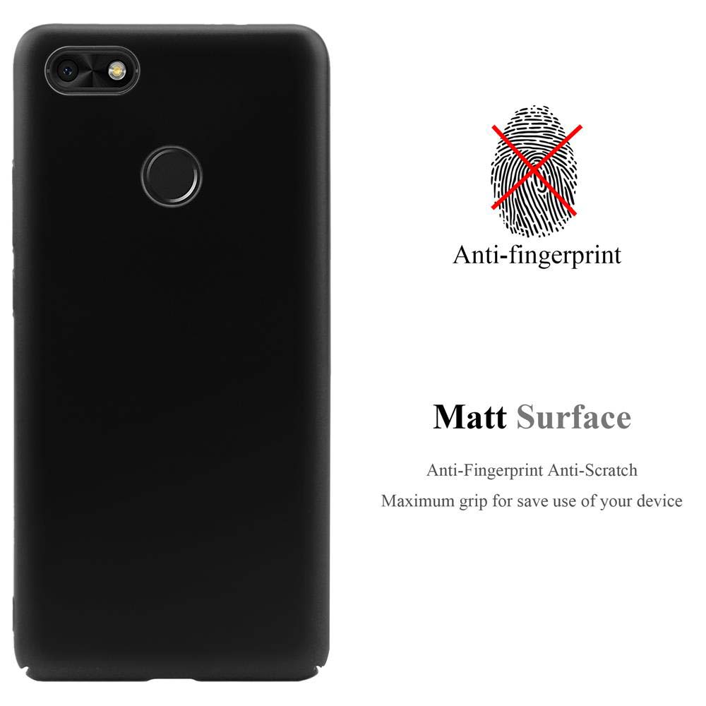 Schwarze Handyhülle. Rückseite des Telefons mit Kreis und Kamera. Anti-Fingerprint-Text wird angezeigt.