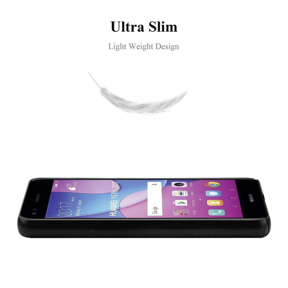 Schwarzes Telefon mit schwarzer Hülle und einer Feder darüber. Text: Ultra Slim, Light Weight Design.