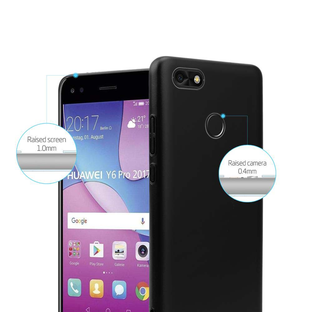 Schwarzes Telefon mit schwarzer Hülle, zeigt Bildschirm- und Kameradetails.