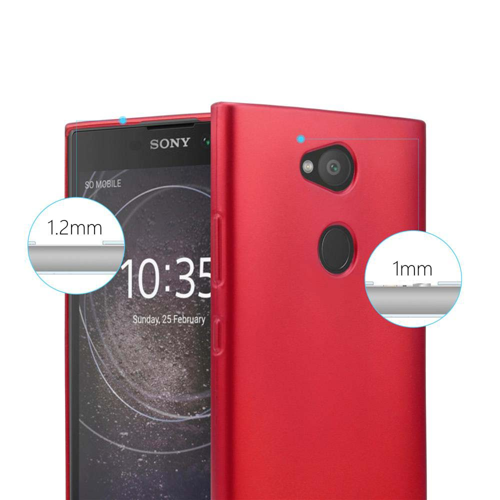 Custodia rossa per telefono con telefono Sony. Le etichette indicano l'altezza della protezione dello schermo e della fotocamera.