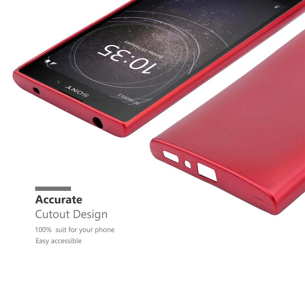 Telefono in una custodia rossa. Lo schermo è acceso e mostra l'ora. Il testo in basso dice Accurate Cutout Design.