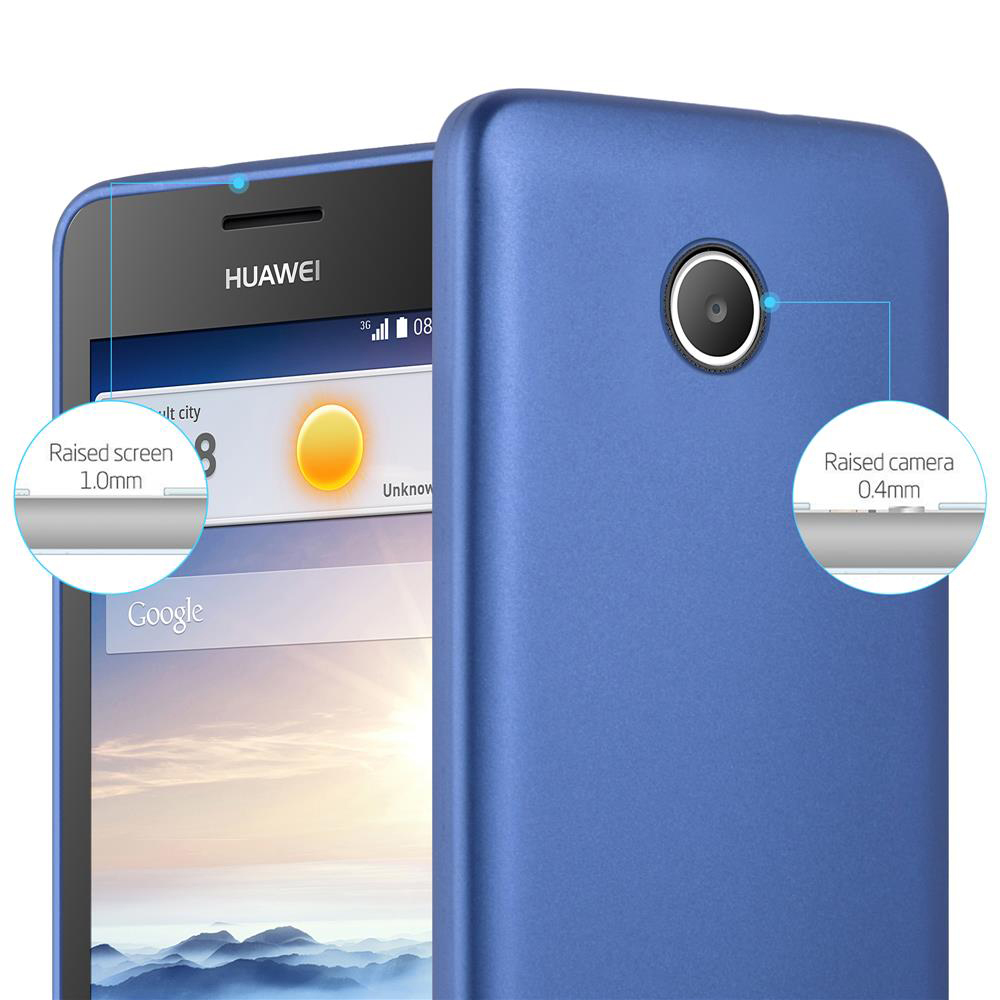 Custodia per telefono blu con un telefono che mostra schermo e fotocamera. Schermo e fotocamera rialzati.