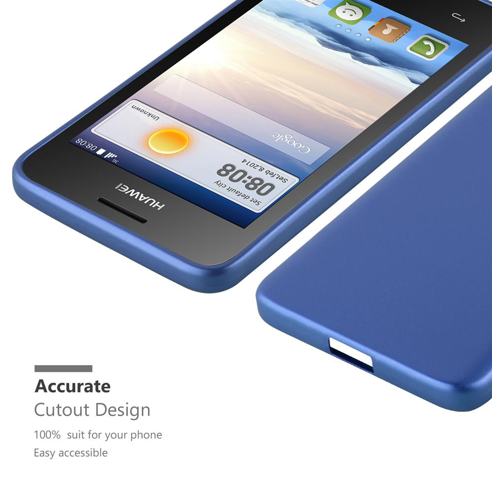 Custodia blu con il telefono dentro. Il testo in basso mostra il design ritagliato.