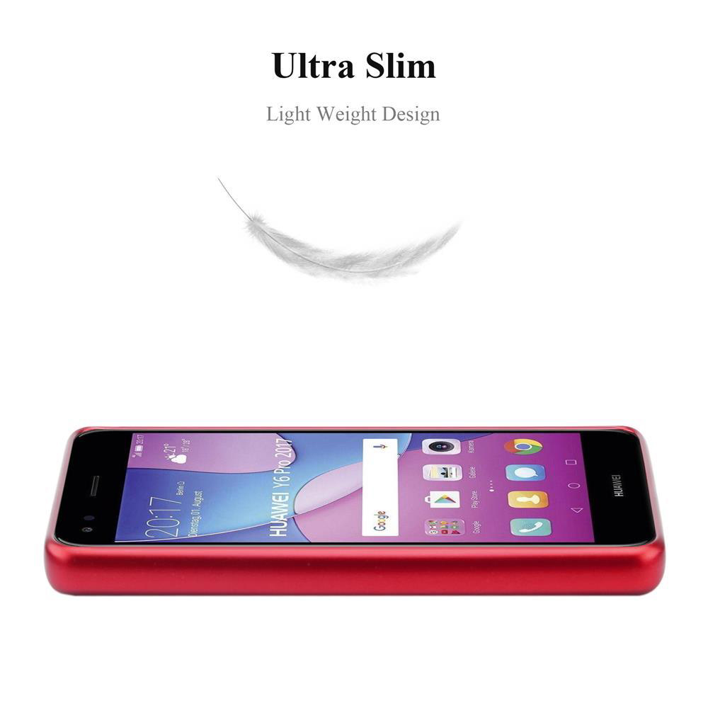 Telefono rosso in una custodia rossa. Una piuma fluttua sopra. Il testo recita 'Ultra Slim Light Weight Design'.