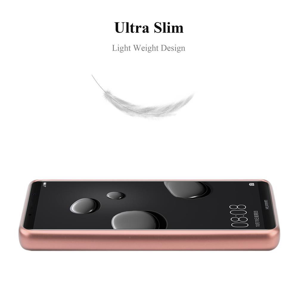 Roségoldene Handyhülle mit Telefon, Feder-Icon auf weißem Hintergrund.