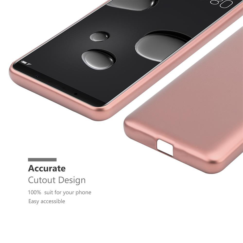 Roségoldenes Telefon mit roter Hülle. Die Hülle hat Aussparungen für Kamera und Anschlüsse.