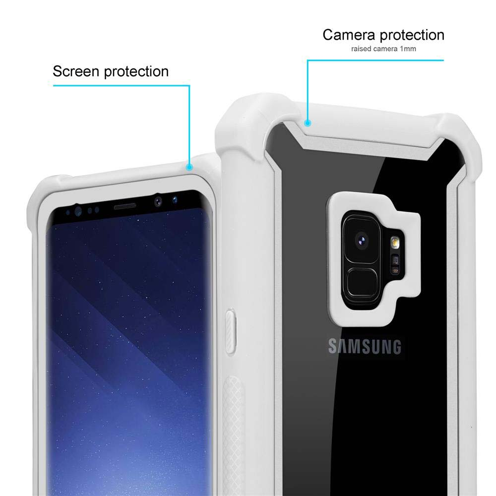 Una custodia bianca per telefono su un telefono nero. Il testo dice 'Screen protection' e 'Camera protection'.