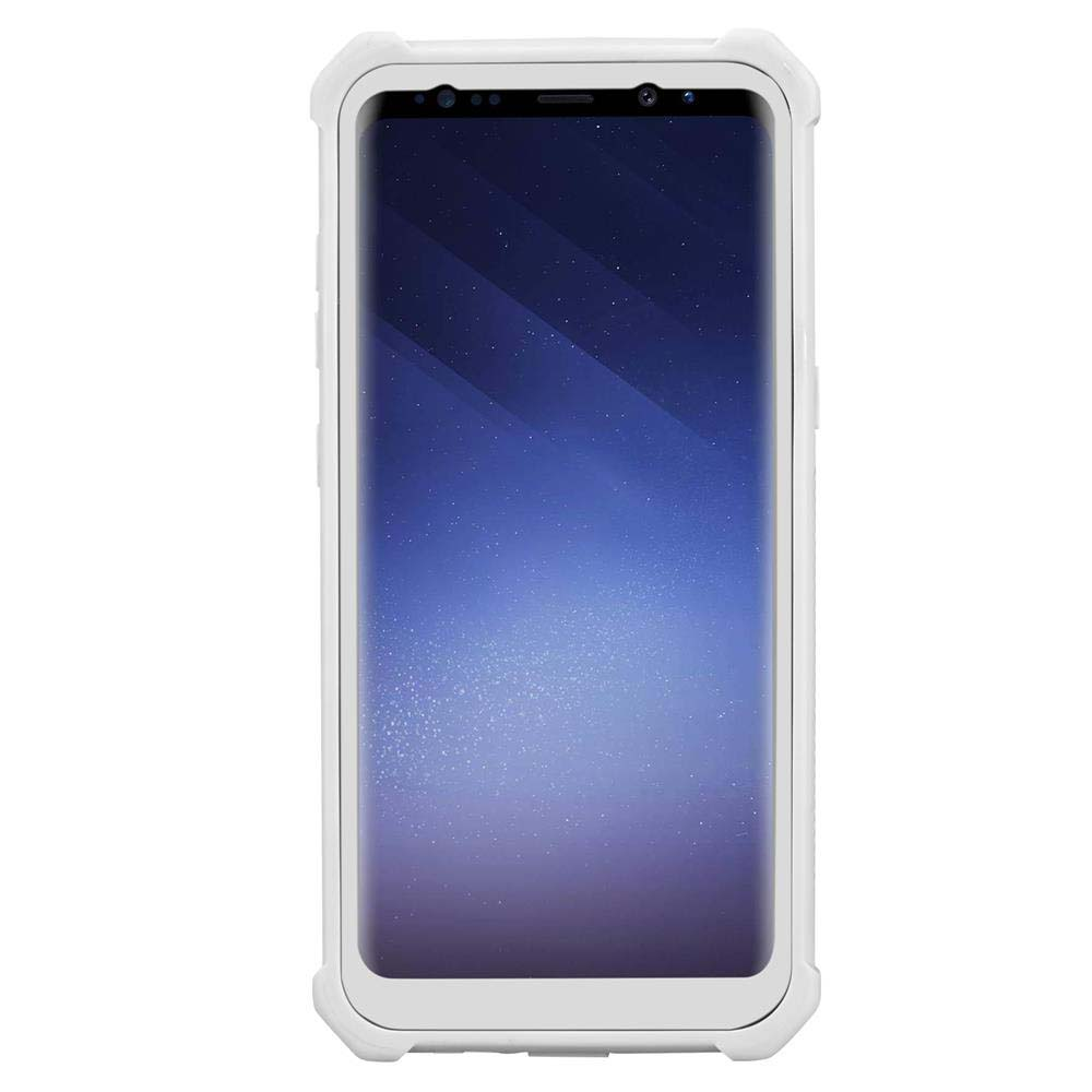Una custodia bianca per telefono che protegge lo schermo di un telefono, con un bordo bianco.