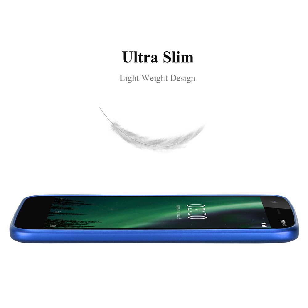 Blaues Smartphone auf weißem Hintergrund, mit Federgrafik. Der Bildschirm des Telefons zeigt die Uhrzeit an. Ultraschlankes Design.