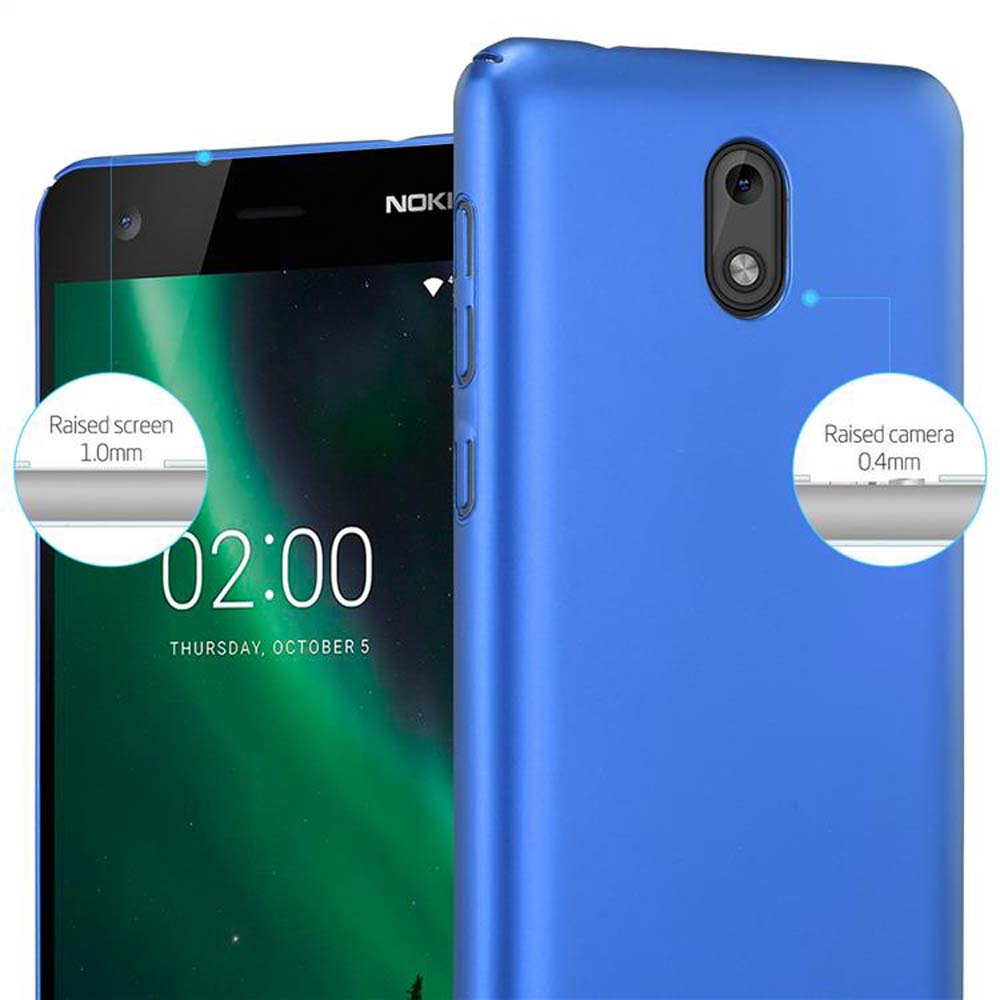 Blaue Handyhülle mit schwarzem Telefon, das den Bildschirm zeigt. Die Hülle hat erhöhten Bildschirm und Kamera.