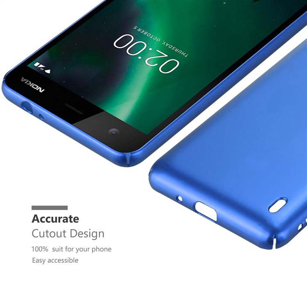 Blaues Telefon mit blauer Hülle. Text: Präzises Ausschnitt-Design. Zeigt den Bildschirm des Telefons.