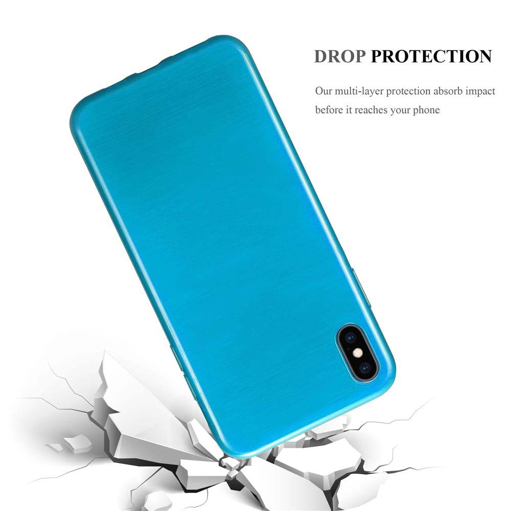 Blaue Handyhülle mit Telefon, mit zerbrochener Oberfläche darunter, um Sturzschutz zu veranschaulichen.