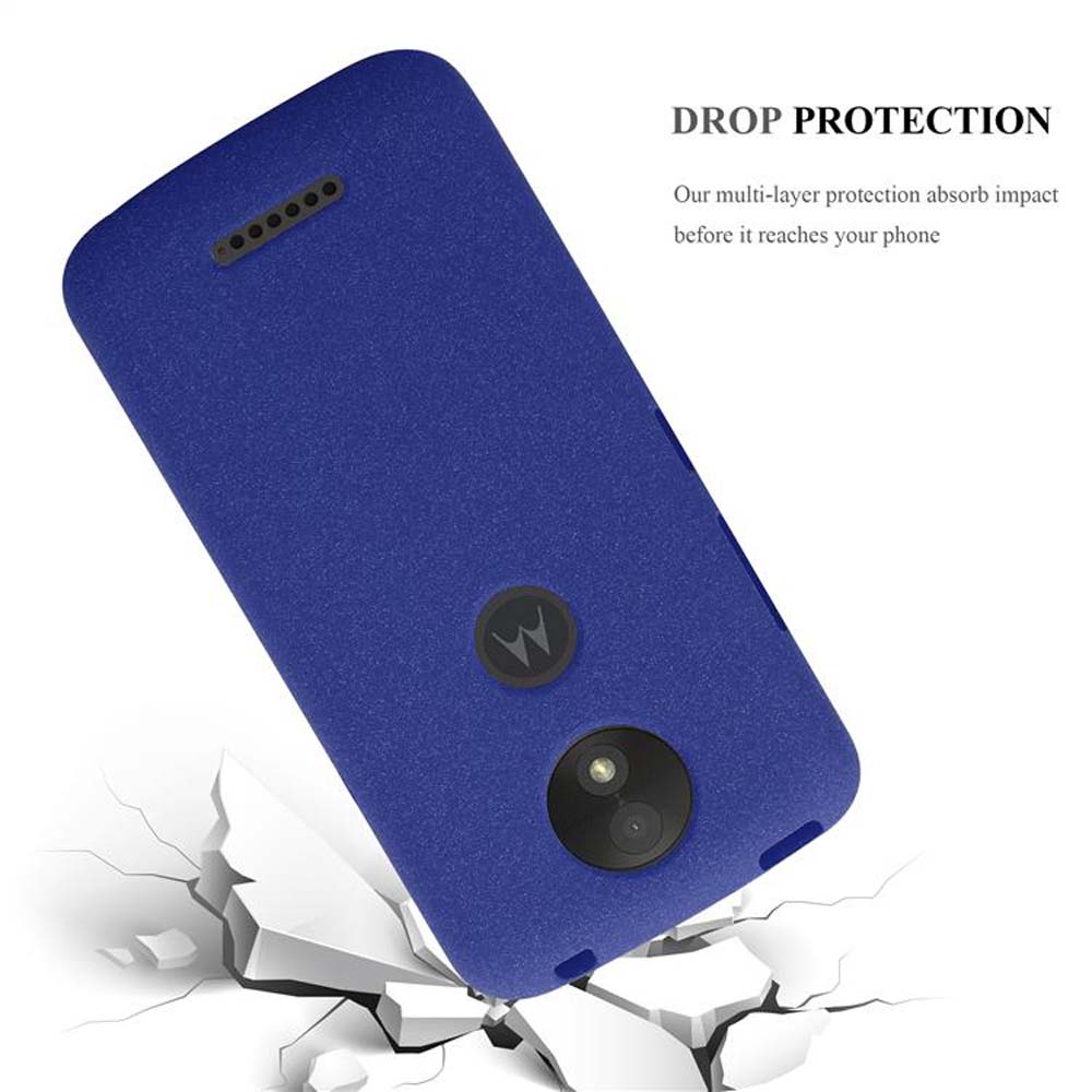 Una custodia blu per telefono appoggiata a una superficie bianca, con crepe sotto.