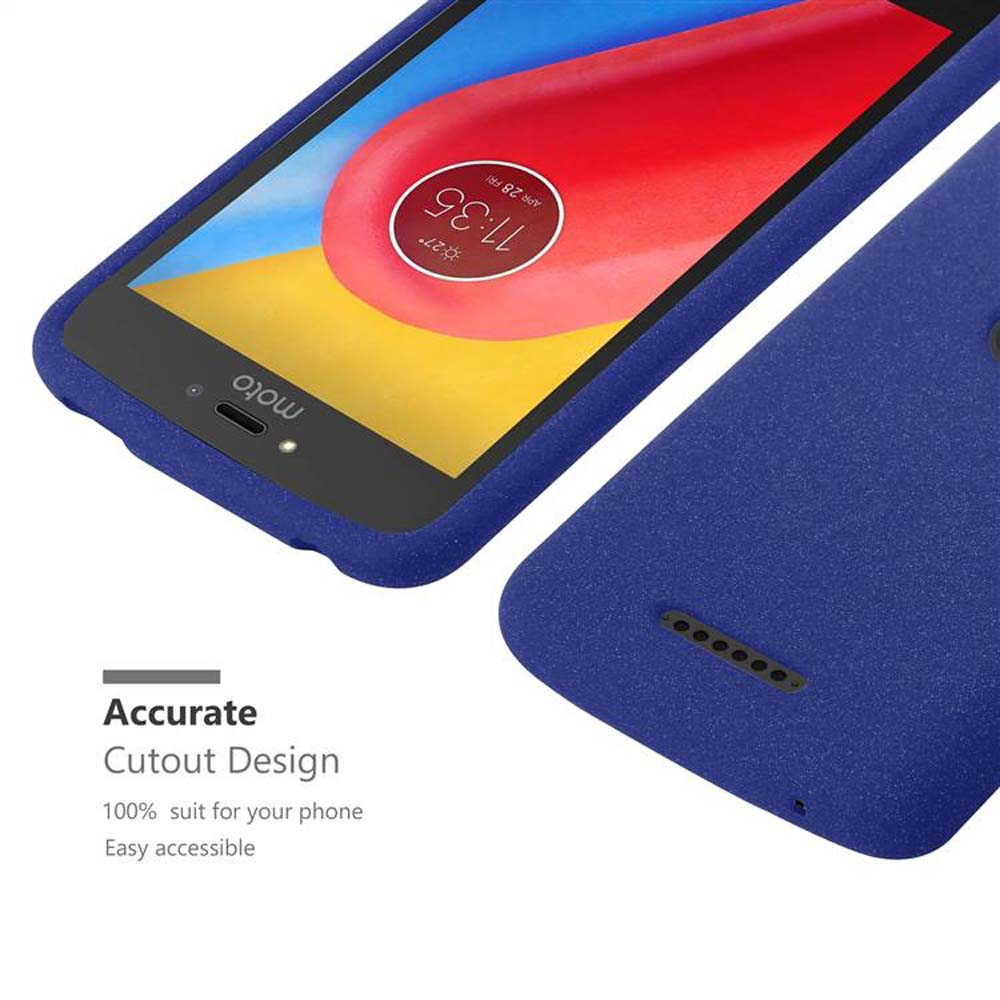 Una custodia blu per telefono con un telefono all'interno, che mostra lo schermo e il design del ritaglio.